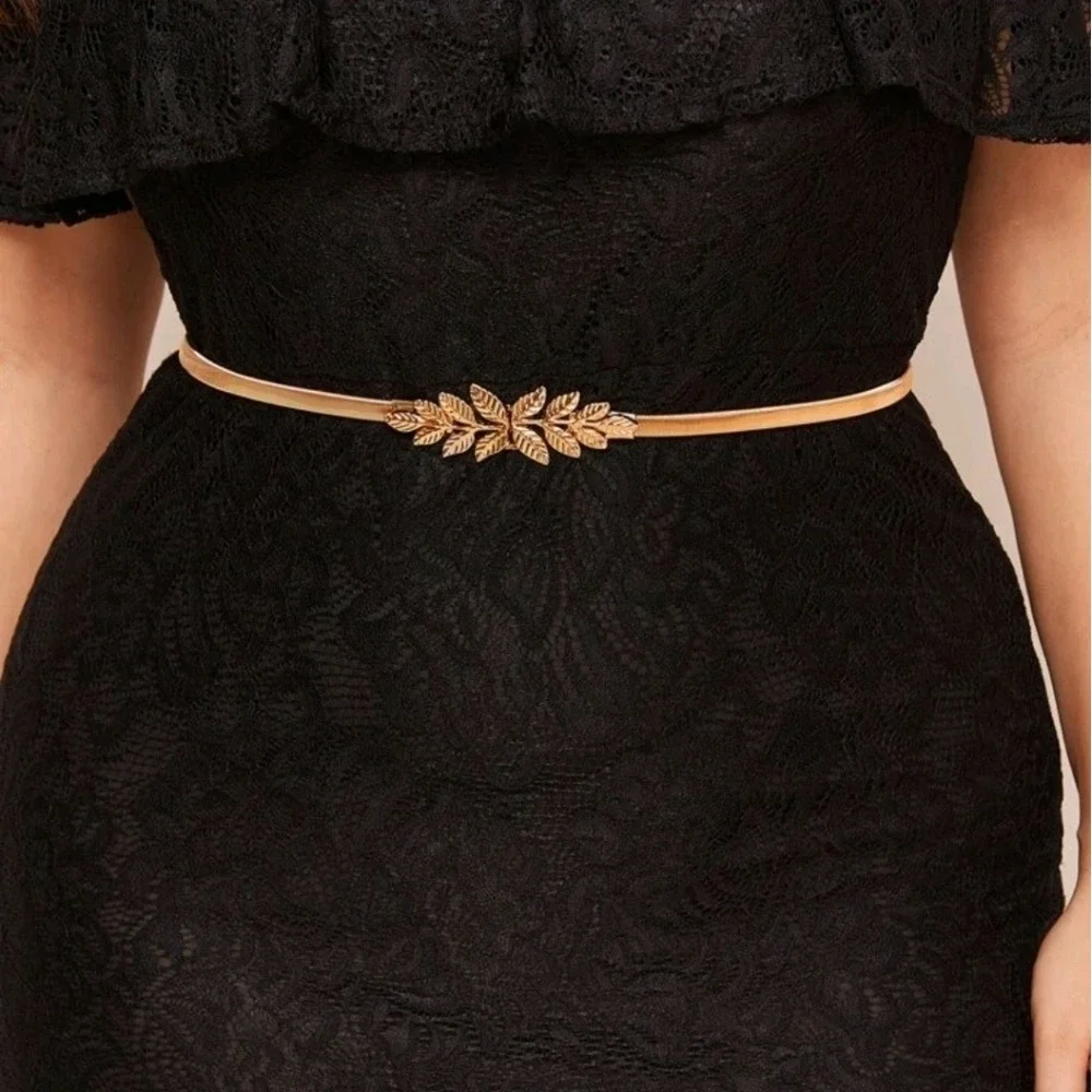 Gold metal snake stretch skinny waist belt leaf buckle Formal wedding event